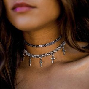 Double Layer Cross Pendant Necklace Choker Silver